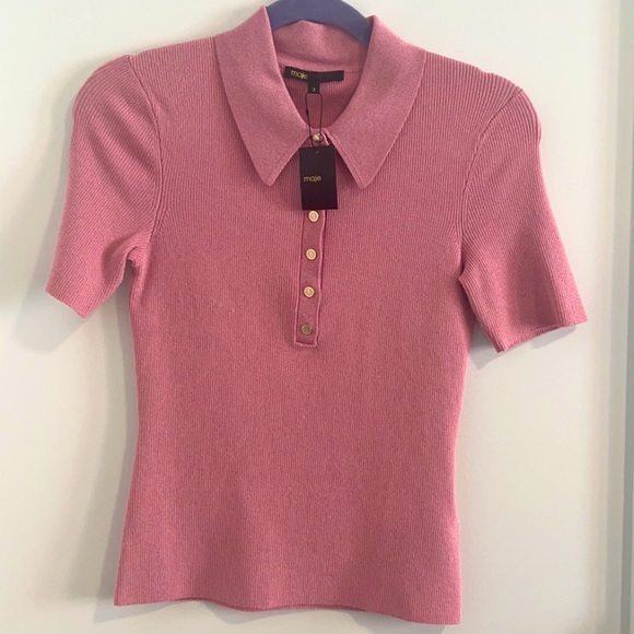 Maje Polo Knit Pink Top Rib-Knit -perfect for a preppy look or